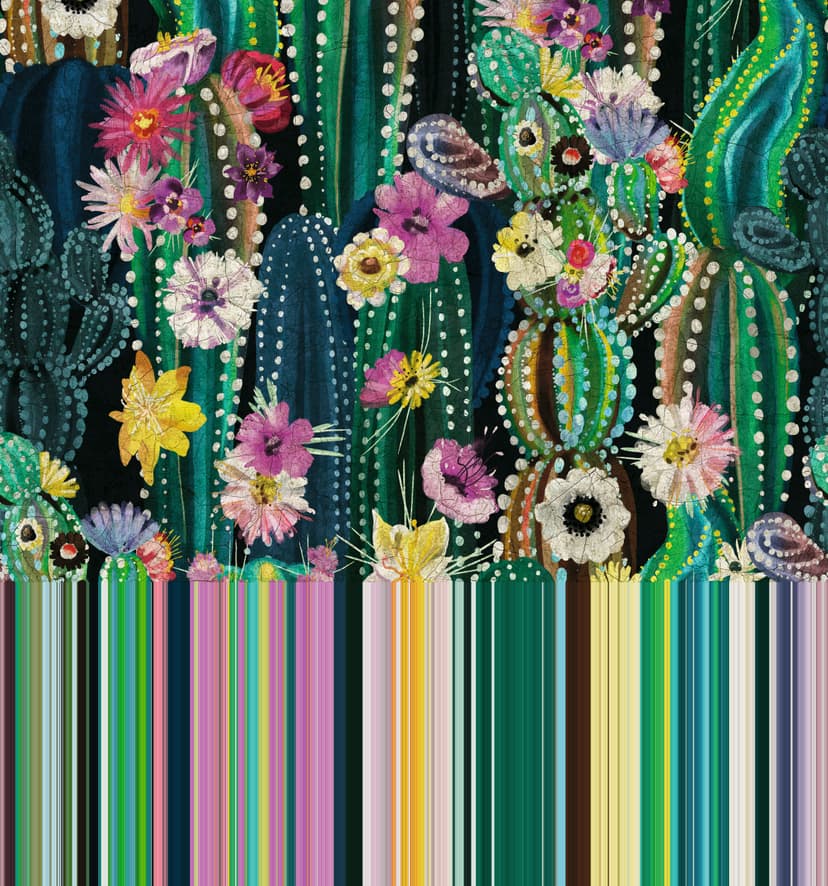 Fotomurale con motivo jardín de cactus con flores de colores y motivo de puntos en 3,4 x 3,18 m