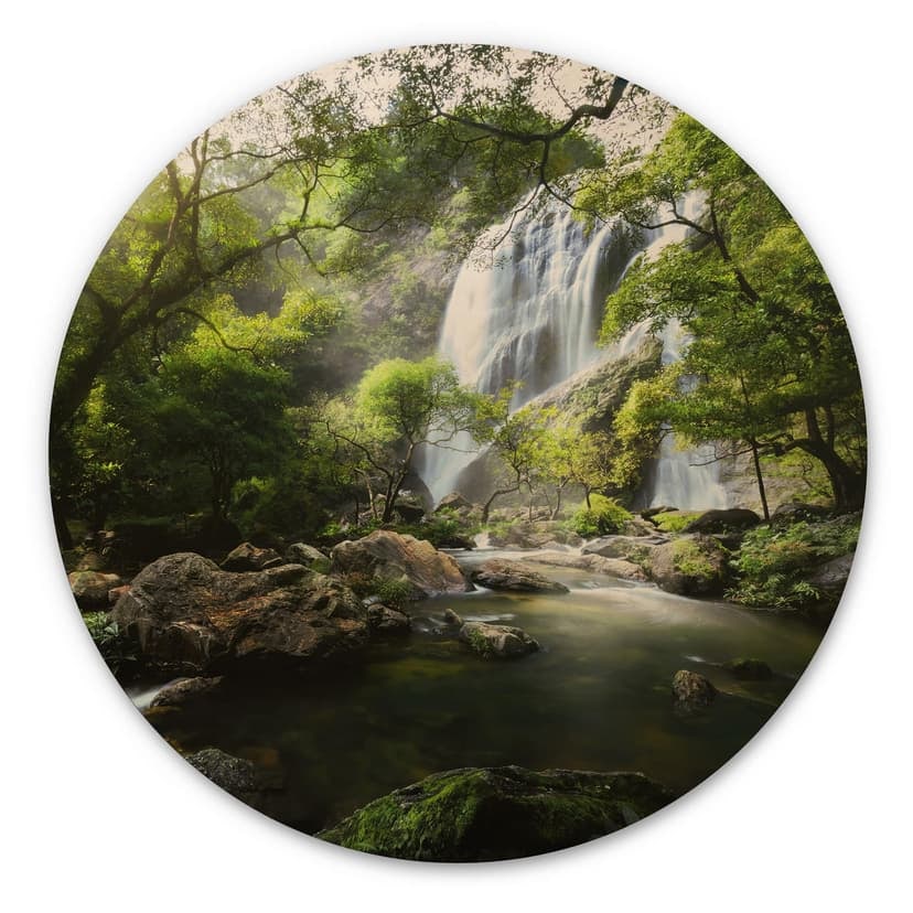 Cuadro de madera cascada en el bosque - Fotografía de naturaleza redonda - Foto