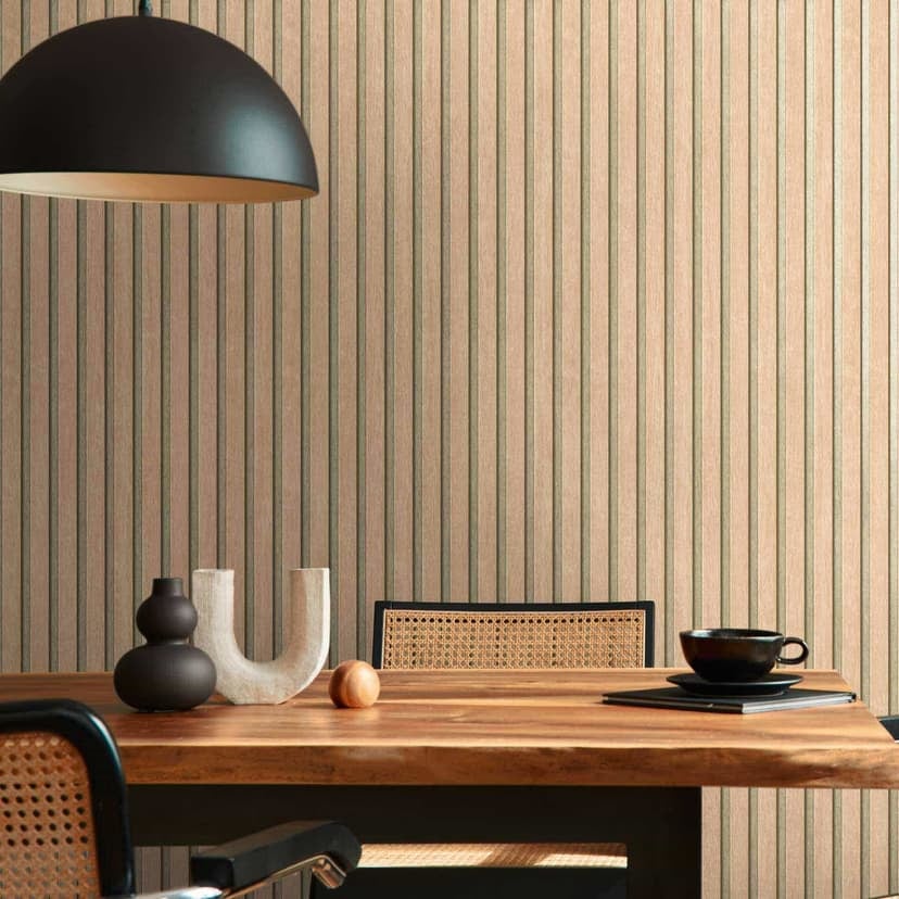 papel pintado 3D beige con fondo metálico dorado - Aspecto de panel de madera acústico escandinavo