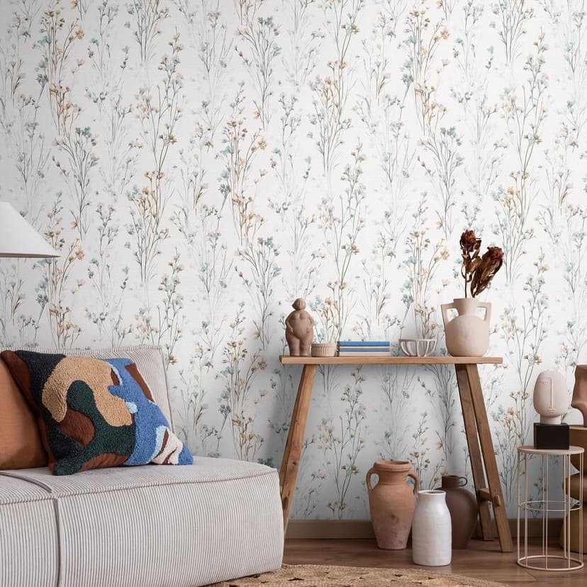 Papel pintado no tejido con delicadas flores de prado en albaricoque menta como papel pintado naturaleza floral
