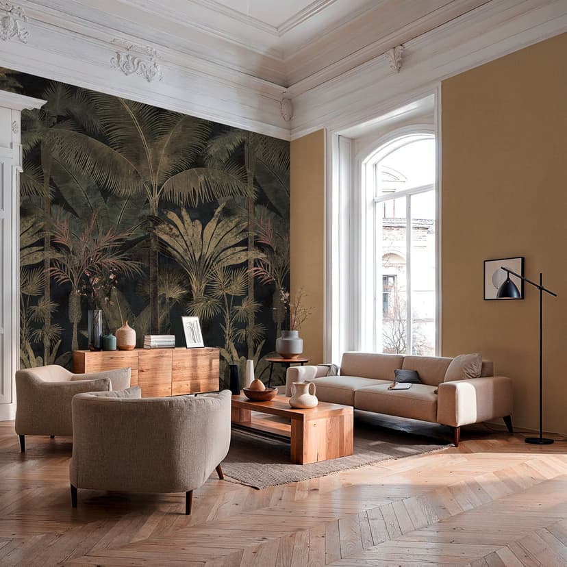 Fotomurale palmeras selva extensible negro verde 159x280 cm Papel pintado no tejido