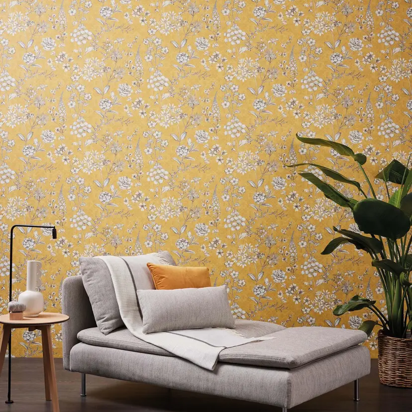 Papel pintado escandinavo hojas, plantas - papel pintado no tejido casa de campo vintage amarillo, blanco, gris