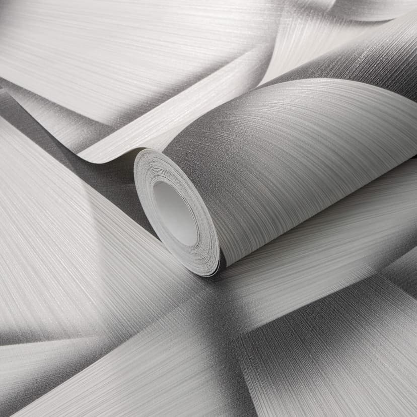 Papel pintado no tejido con formas geométricas y efecto metálico en gris