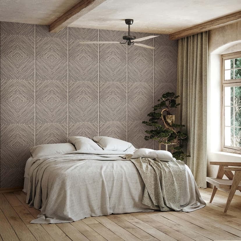 Papel pintado no tejido madera, aspecto madera geométrico, casa de campo mate en gris