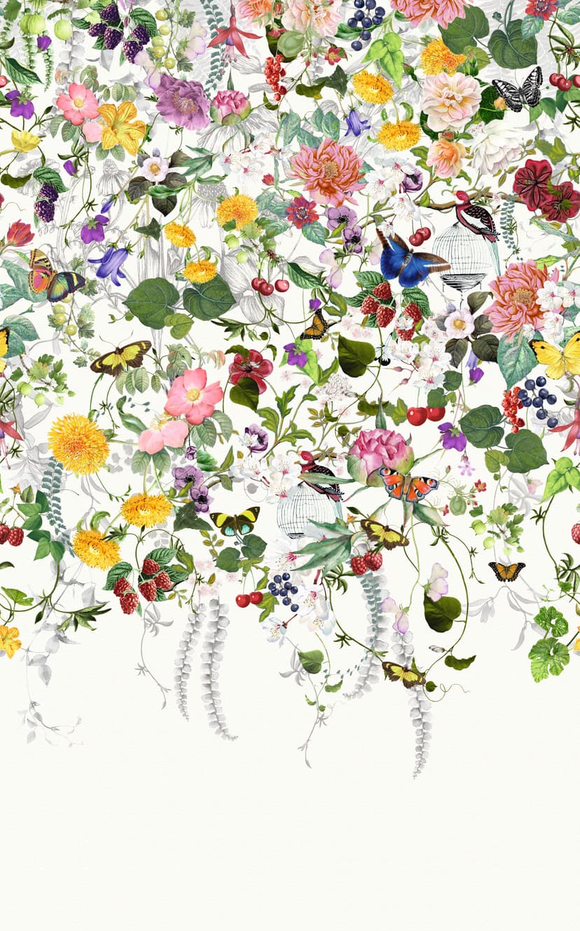 Fotomural con motivo Pradera de flores de colores con mariposas y pájaros 3,4 x 2,12 m