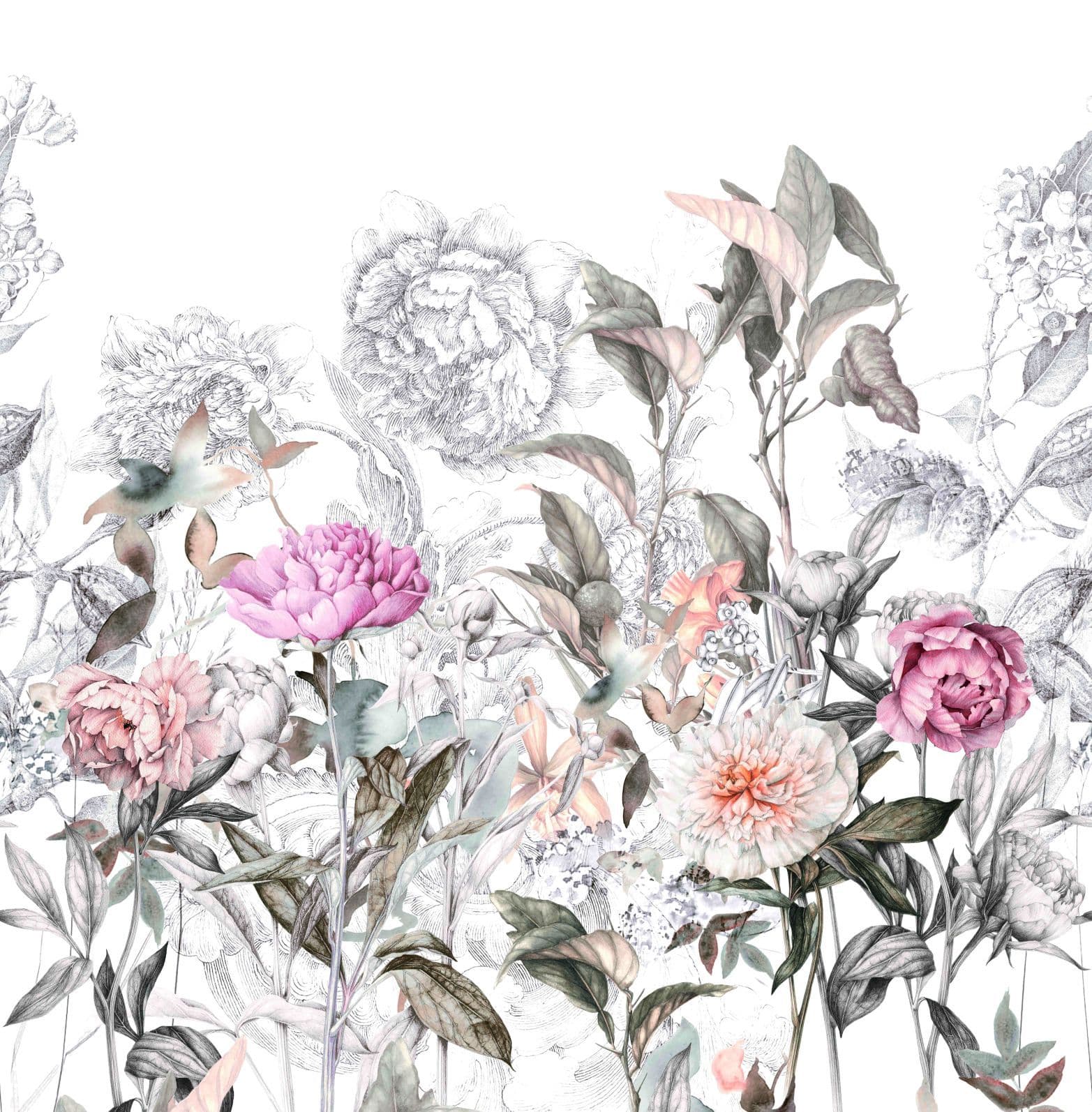 Fotomurale con motivo dibujo flor vintage en gris rosado 2,7 x 2,65 m