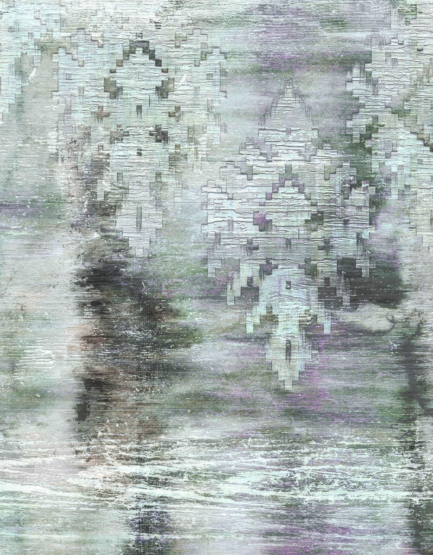 Fotomural Bosque nuboso brillante en gris con abedules y estructura abstracta 3,4 x 2,65 m