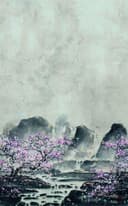 Fotomurale con motivo acuarela montañas con flores de cerezo en rosa grisáceo 3,4 x 2,12 m
