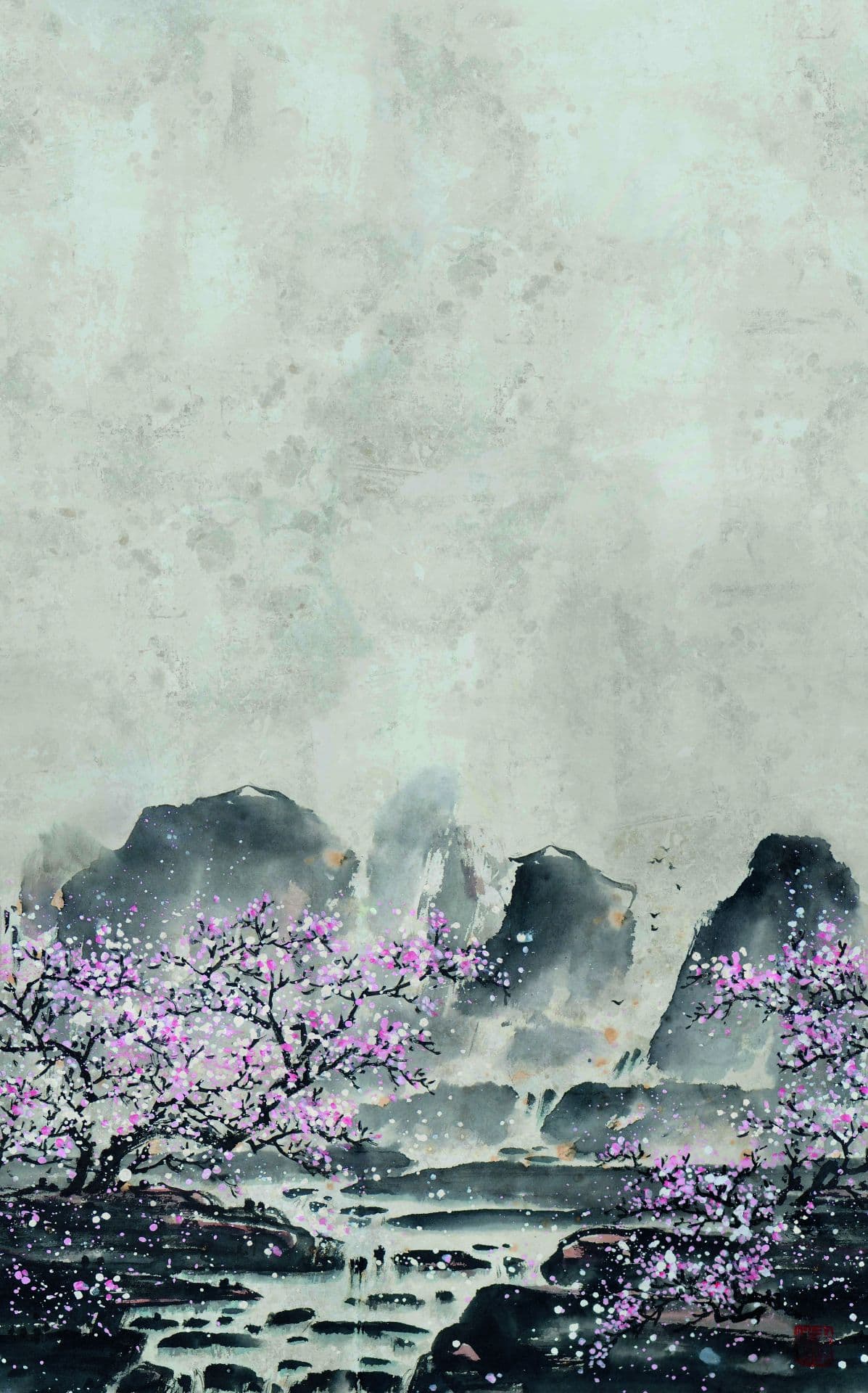 Fotomurale con motivo acuarela montañas con flores de cerezo en rosa grisáceo 3,4 x 2,12 m