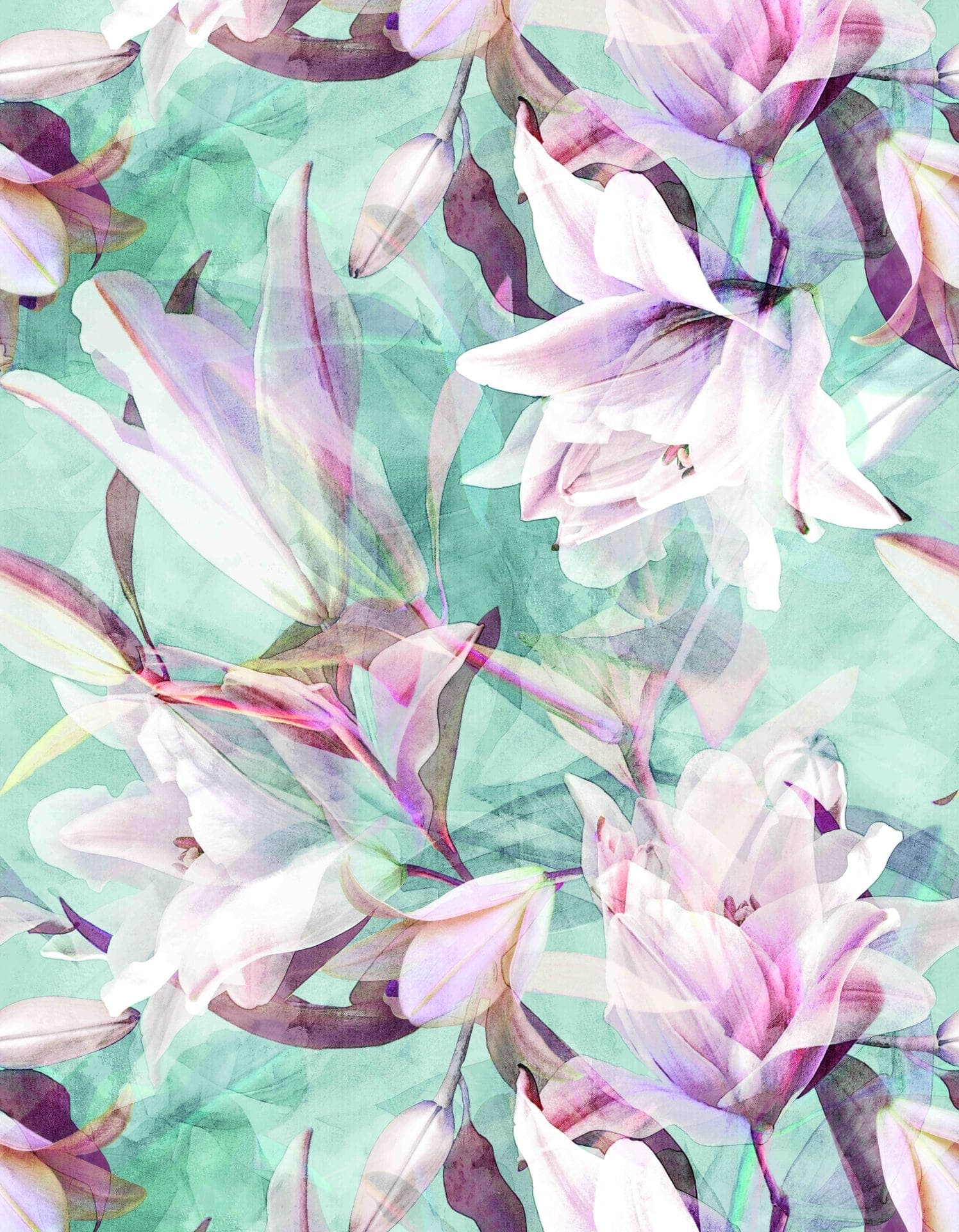 Fotomural Delicadas flores de acuarela en pastel sobre azul claro con enfoque suave 3,4 x 2,65 m