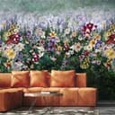 Fotomural Pradera de flores silvestres con mezcla de flores en morado y crema 2,7 x 2,65 m
