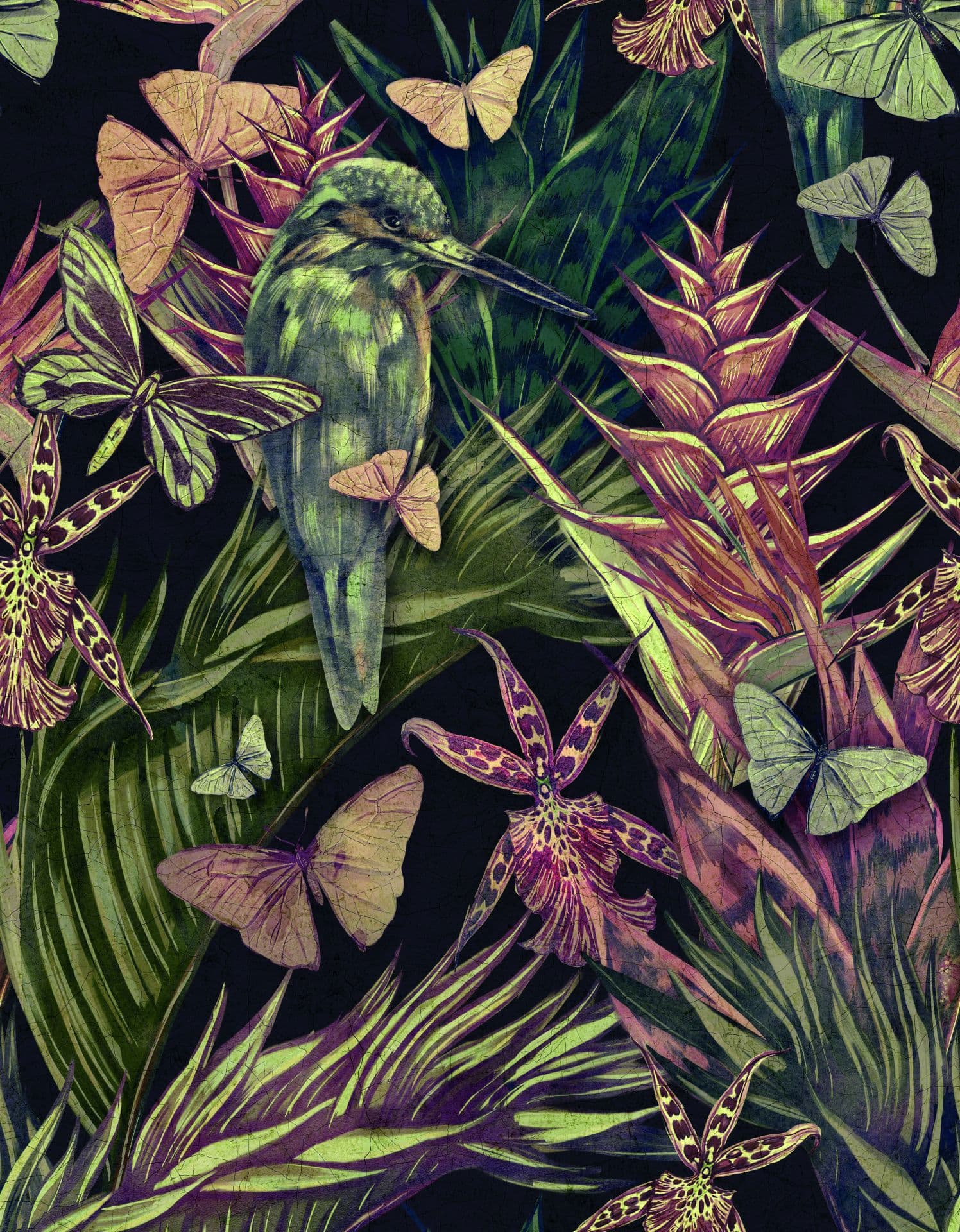 Fotomural motivo Garza en selva tropical con mariposas y orquídea 3,4 x 2,65 m