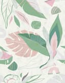 Fotomurale con motivo de hojas abstractas en colores pastel; verde salvia y beige 3,4 x 2,65 m