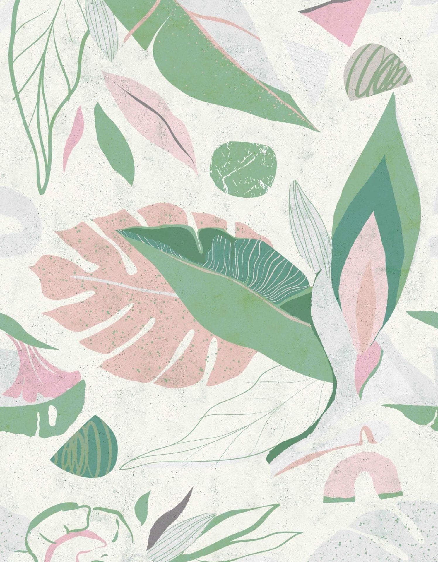 Fotomurale con motivo de hojas abstractas en colores pastel; verde salvia y beige 3,4 x 2,65 m