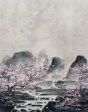 Fotomural Flores de cerezo en la niebla con montañas en tonos grises y rosa suave 2,7 x 2,12 m