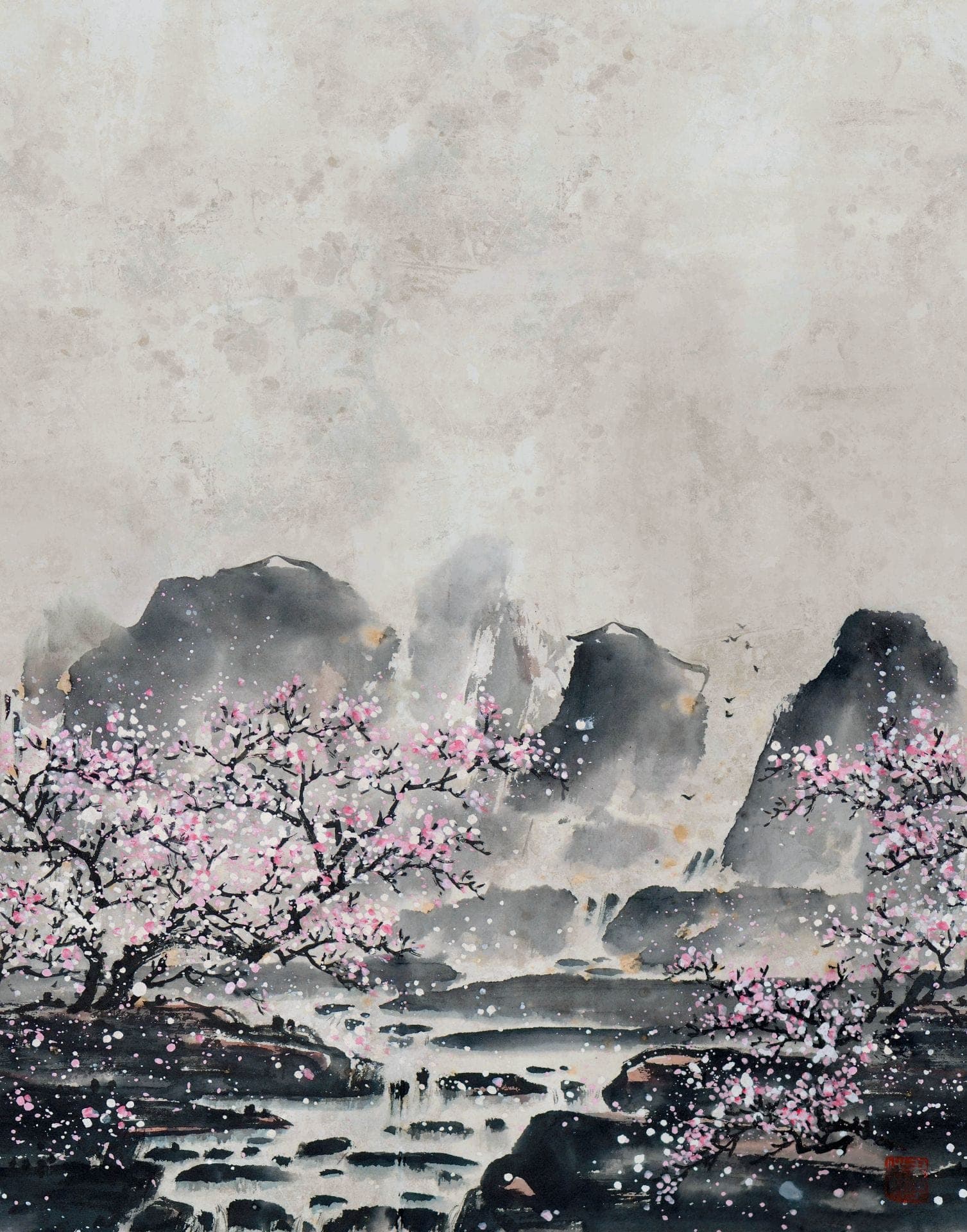 Fotomural Flores de cerezo en la niebla con montañas en tonos grises y rosa suave 2,7 x 2,12 m