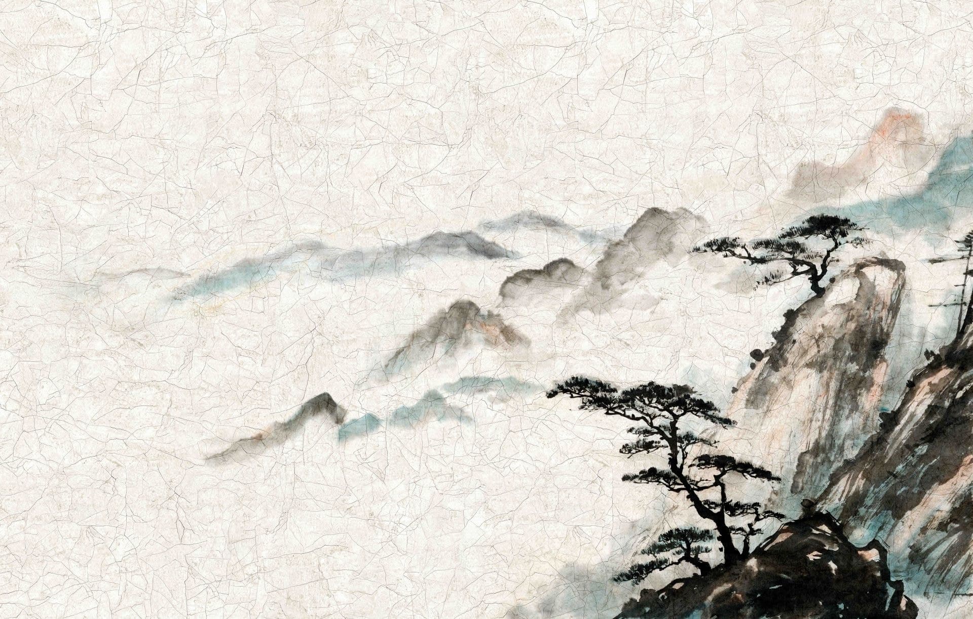 Fotomural Paisaje brumoso de montaña con rayo de luz y pino en tinta 2,7 x 4,24 m