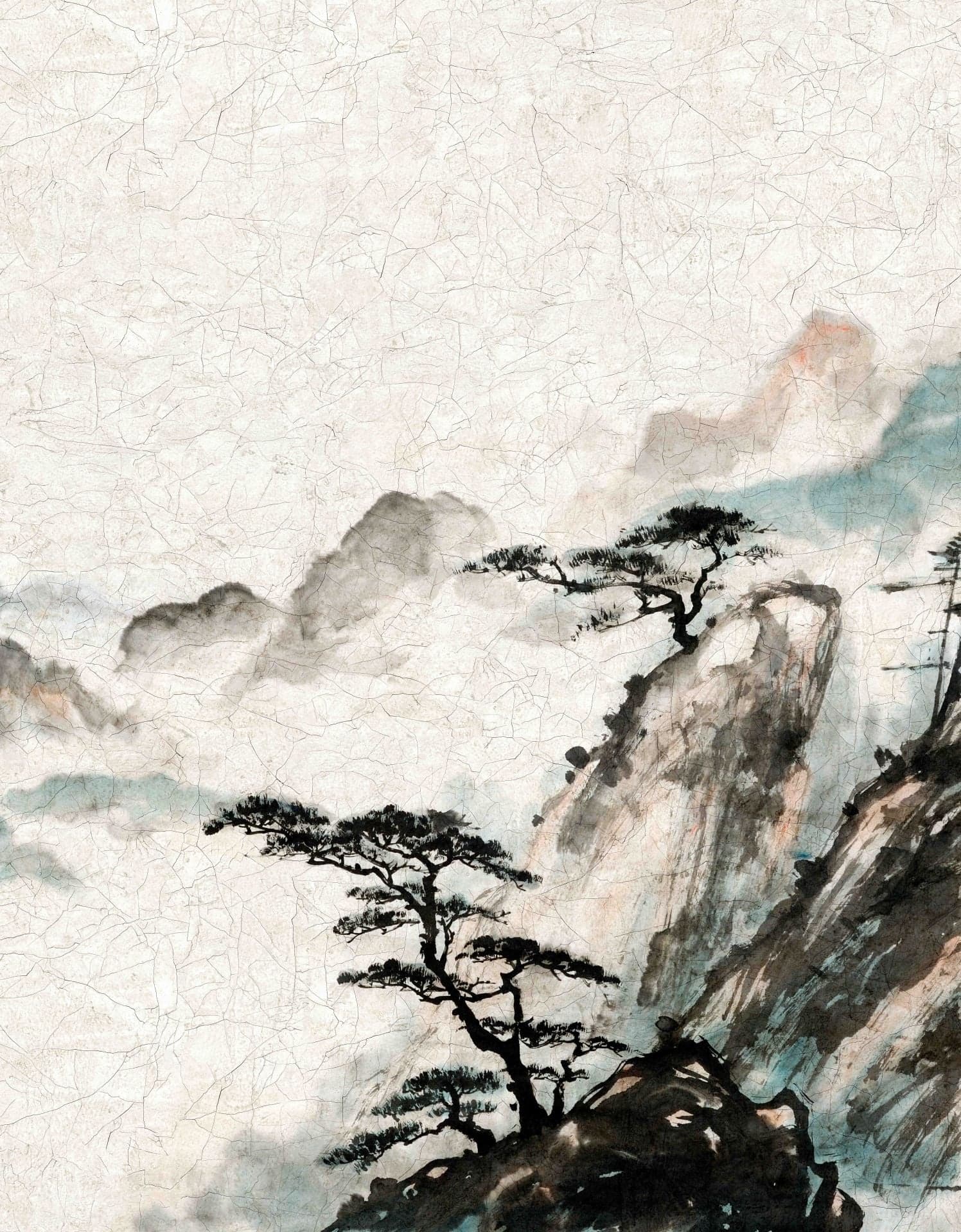Fotomural Montañas brumosas a la luz de la mañana con silueta de pino en estilo japonés 3,4 x 2,65 m