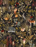 Vintage selva mundo animal en negro con hojas y pájaros Fotomurale 3,4 x 2,65 m