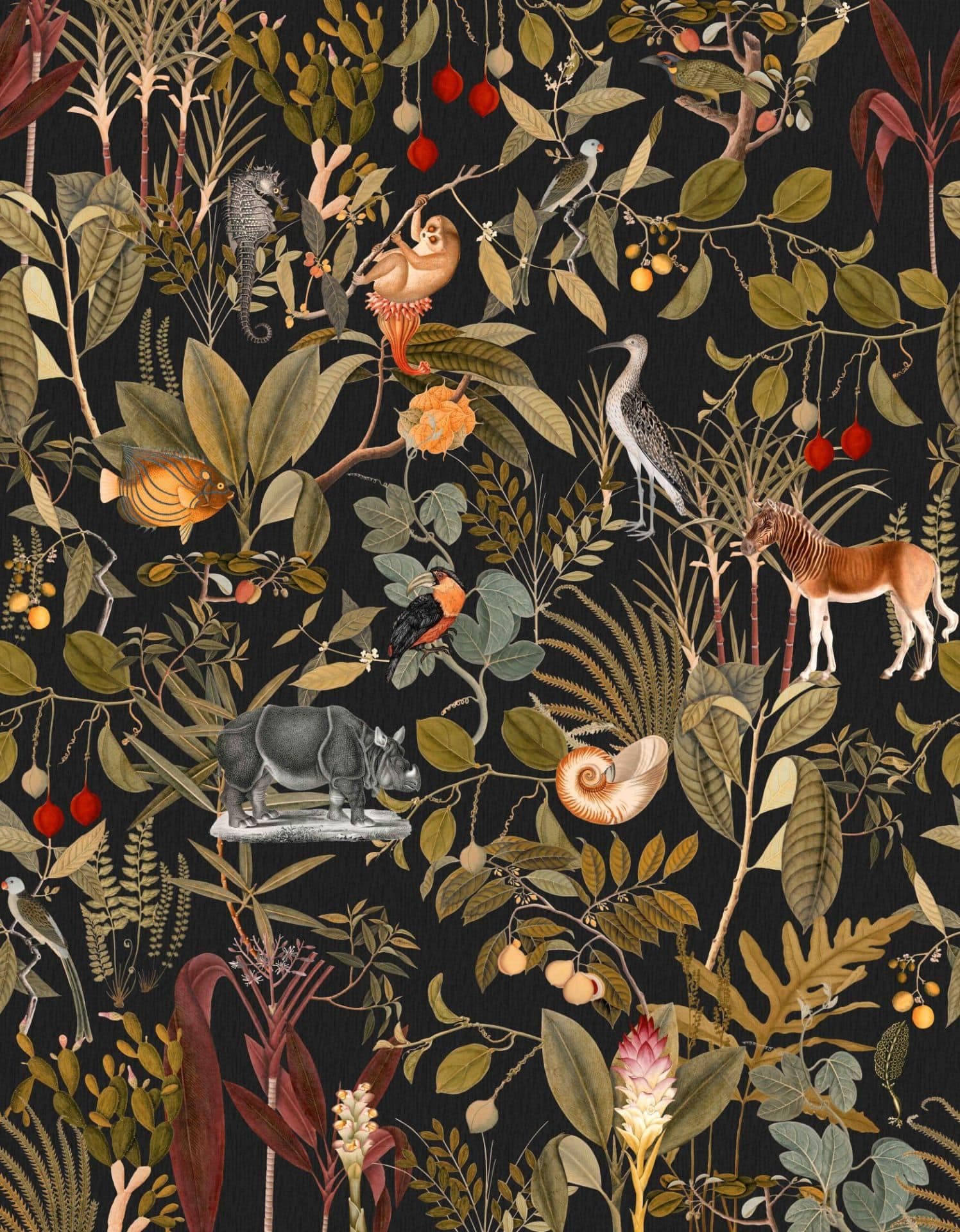 Vintage selva mundo animal en negro con hojas y pájaros Fotomurale 3,4 x 2,65 m