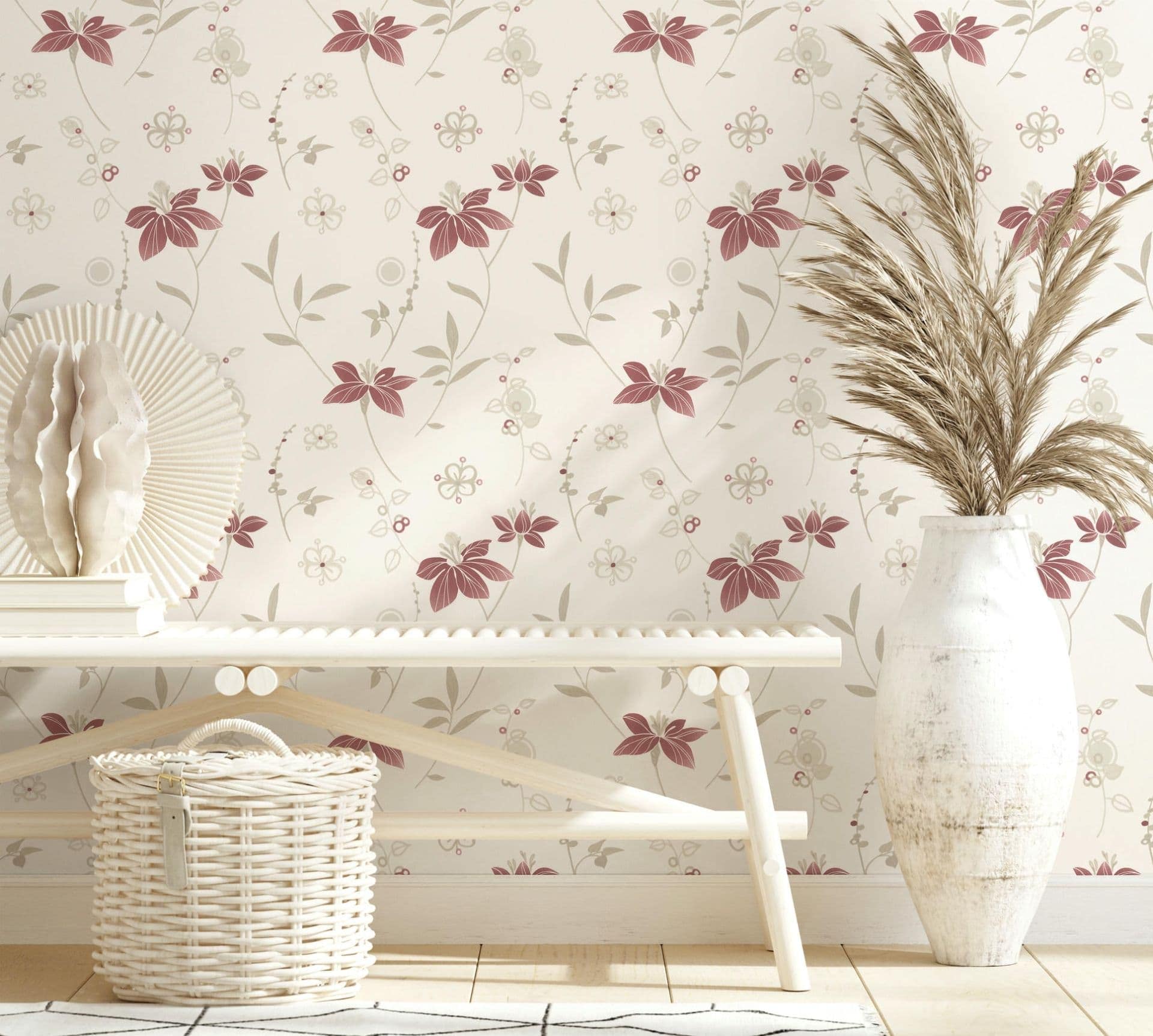 Papel pintado romántico floral en blanco 