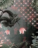 Fotomurale con motivo grulla con abanico art déco y flores 2,7 x 2,12 m