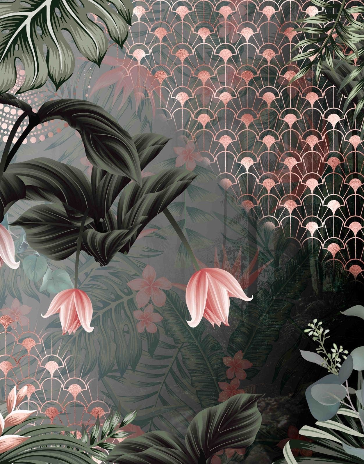 Fotomurale con motivo grulla con abanico art déco y flores 2,7 x 2,12 m