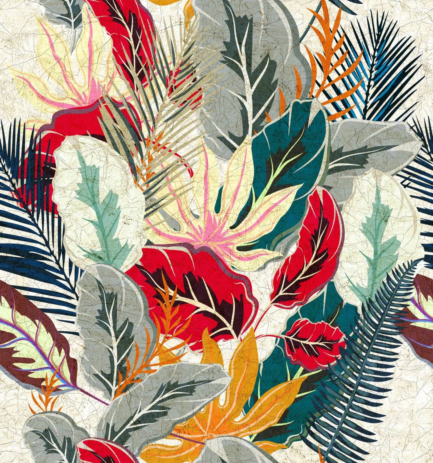 Fotomurale con motivo hojas tropicales mezcla en rojo, petróleo y beige 3,4 x 3,18 m
