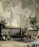 Fotomural con motivo Formas abstractas en verde salvia y beige con lino 2,7 x 4,24 m