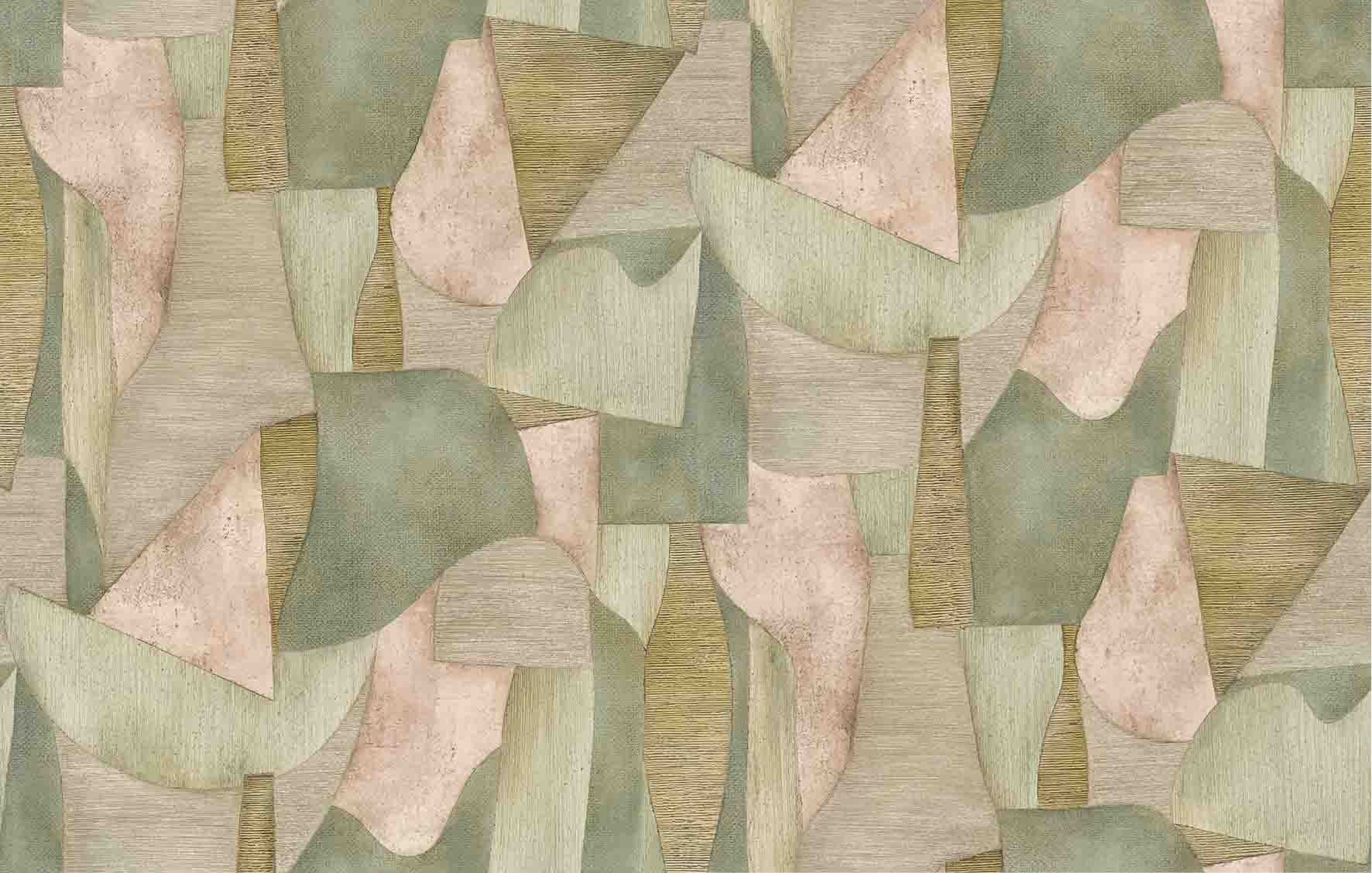 Fotomural con motivo Formas abstractas en verde salvia y beige con lino 2,7 x 4,24 m