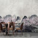 Fotomural Flores de cerezo en la niebla con montañas en tonos grises y rosa suave 2,7 x 2,12 m