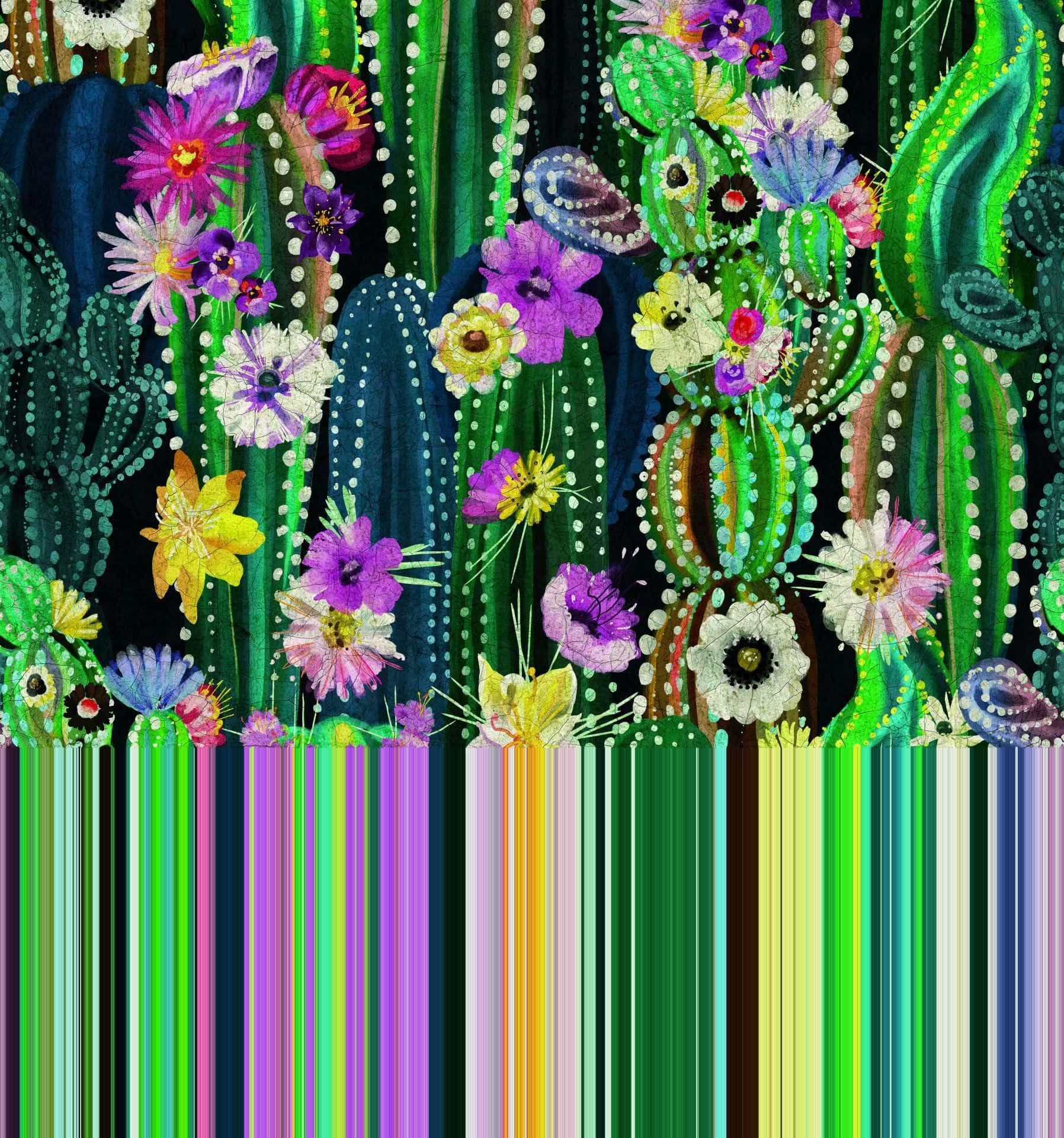 Fotomurale con motivo jardín de cactus con flores de colores y motivo de puntos en 3,4 x 3,18 m
