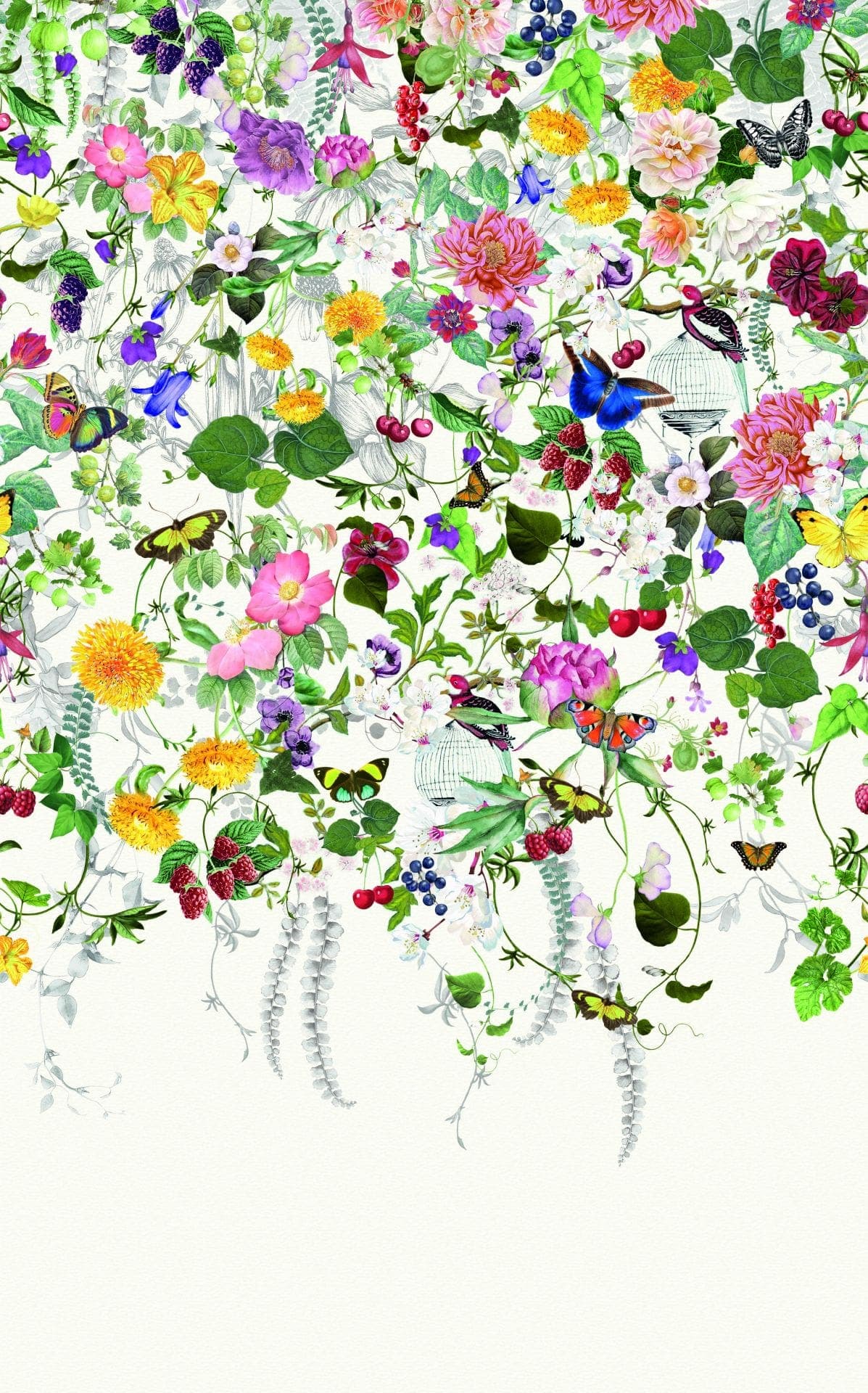 Fotomural con motivo Pradera de flores de colores con mariposas y pájaros 3,4 x 2,12 m