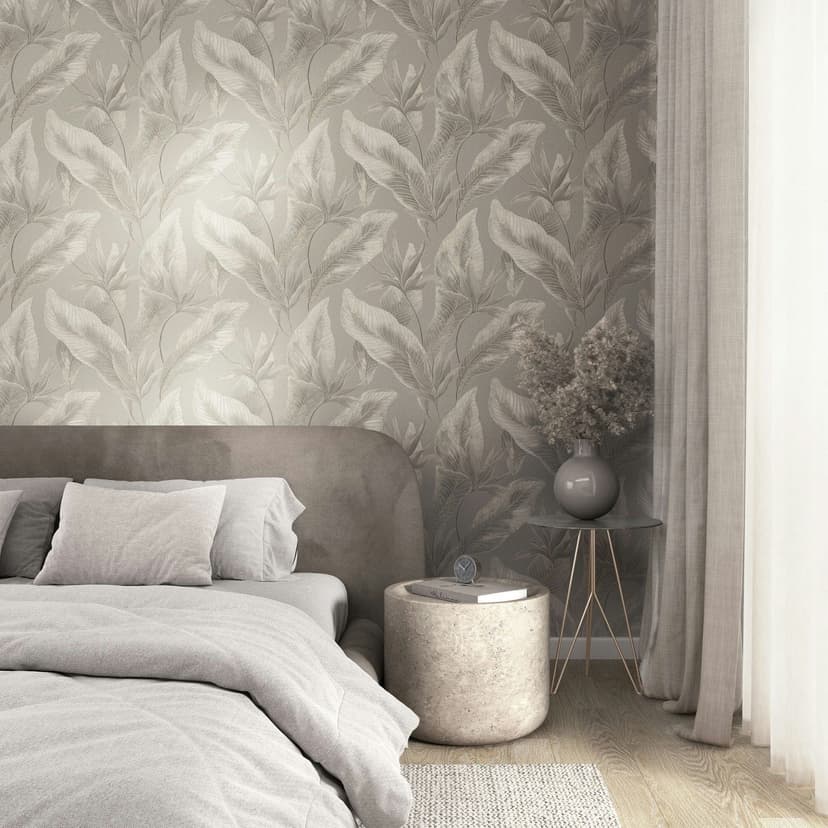 Papel pintado no tejido flores, hojas naturaleza floral en beige