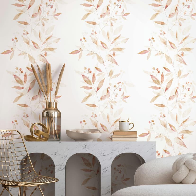 Papel pintado no tejido hojas naturaleza floral mate en blanco beige