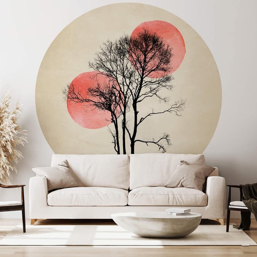 Kubistika - Sol y luna detrás del árbol - Redondo - Papel pintado autoadhesivo/no tejido