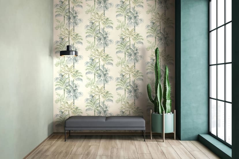 Papel pintado no tejido de color beige verde árboles hojas selva naturaleza floral