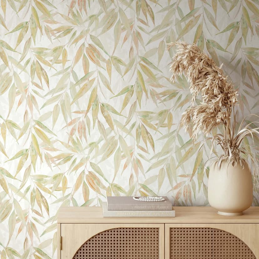 Papel pintado no tejido hojas naturaleza floral mate en blanco