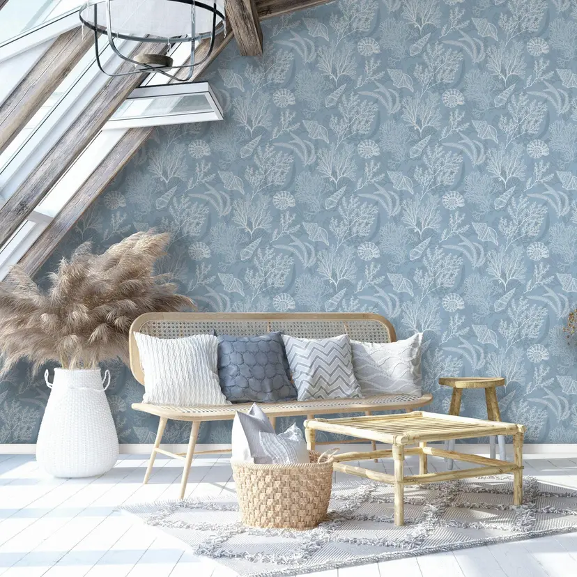 Papel pintado no tejido en blanco, conchas azules naturaleza gráfica submarina