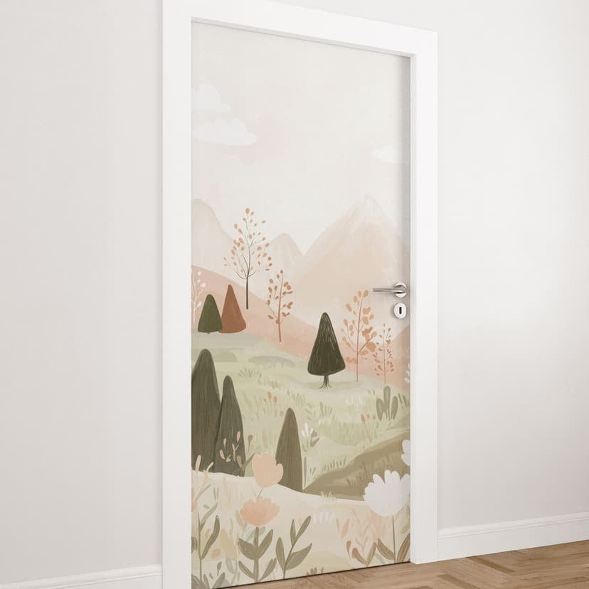 Película de puerta paisaje de montaña en colores pastel con flores - Treechild