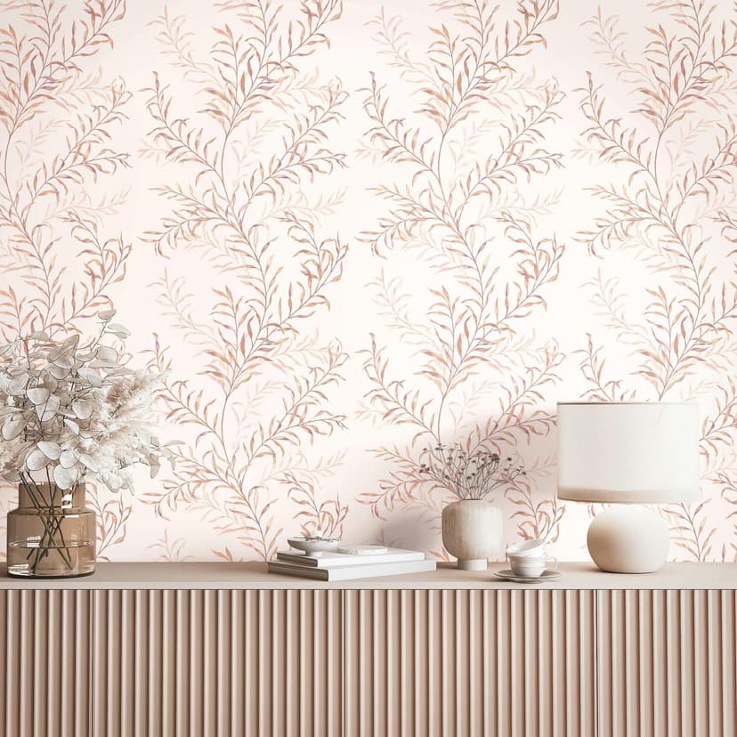 Papel pintado no tejido hojas naturaleza floral mate en blanco rosa beige