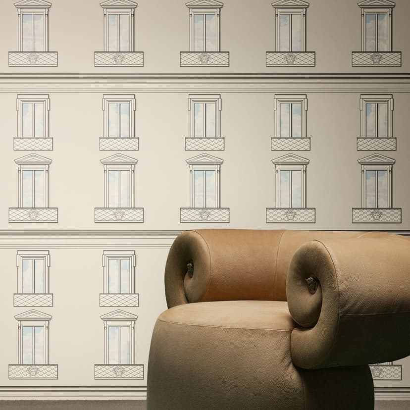 Papel pintado no tejido Versace Palazzo No 12 fachada ventana beige gris neo clásico