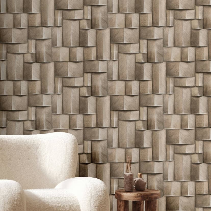 Papel pintado no tejido con motivo madera geométrico beige, marrón aspecto 3D