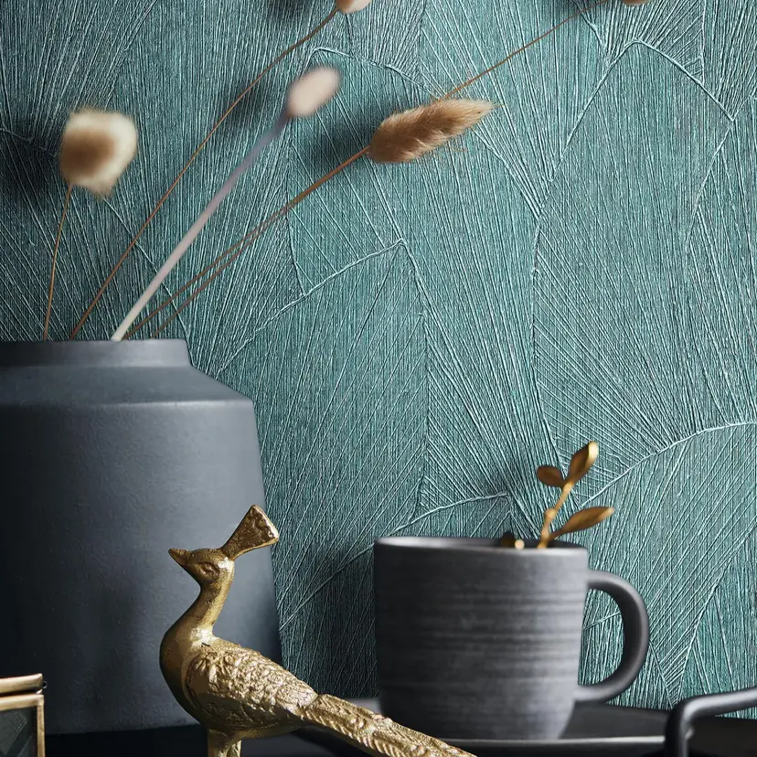 Papel pintado no tejido con motivo de hoja texturizada floral verde