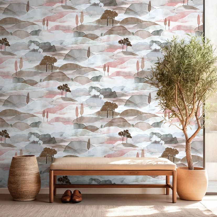 Papel pintado no tejido paisaje gráfico naturaleza mate en azul rojo