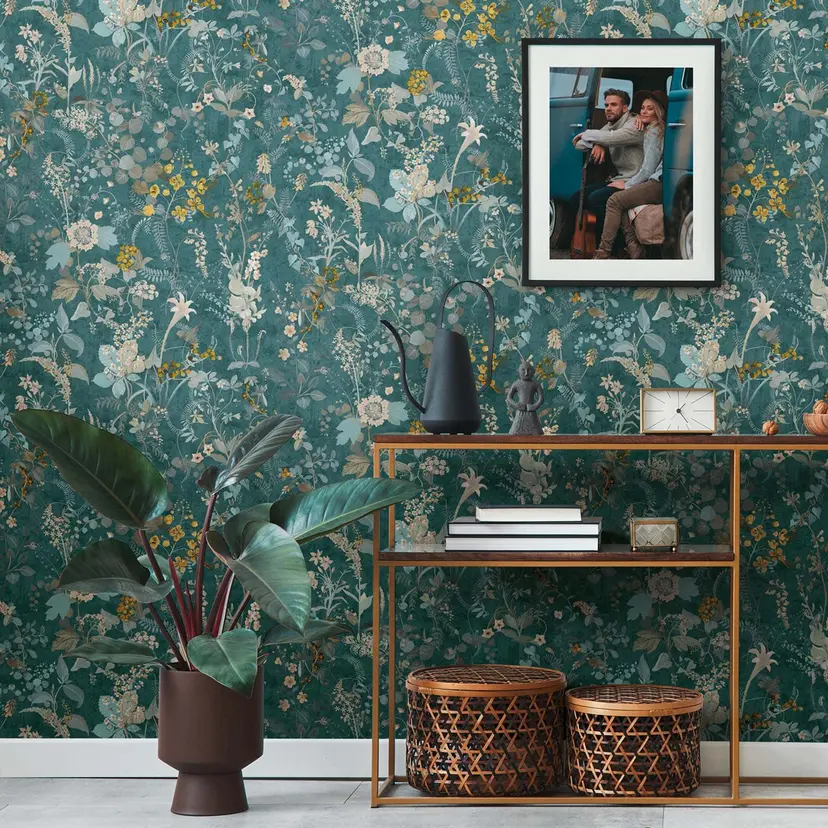 Papel pintado no tejido azul petróleo vintage casa de campo floral papel pintado floral