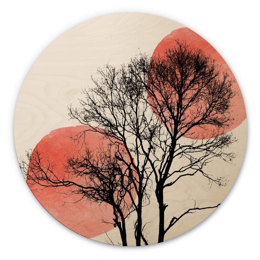 Cuadro de madera Kubistika - Sol y luna detrás del árbol - redondo