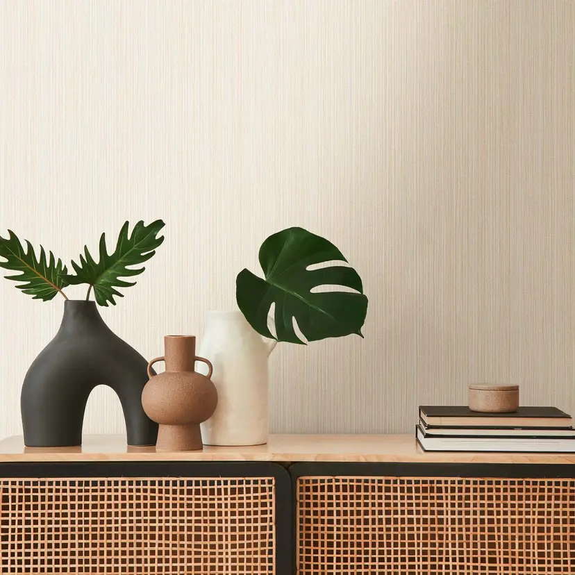 Papel pintado no tejido beige crema monocromo moderno para salón, dormitorio