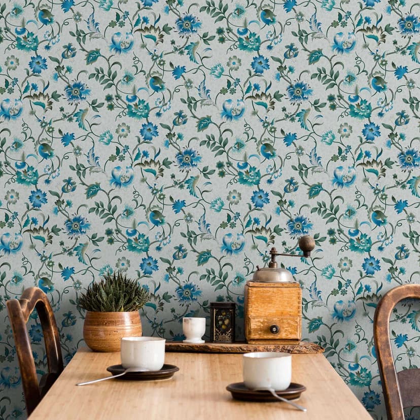 Papel pintado no tejido flores, hojas naturaleza floral en verde