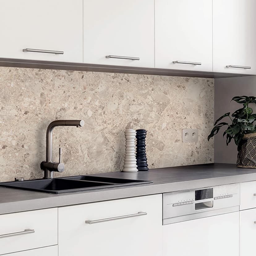 Küchenrückwand Spritzschutz Steinoptik Terrazzo Hell - Folie oder Aluverbund